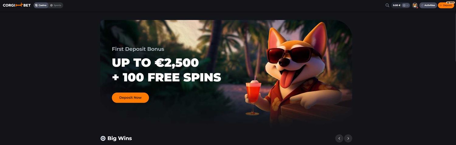 Corgibet Casino welcome bonus — up to €2,500 + 100 free spins on your first deposit