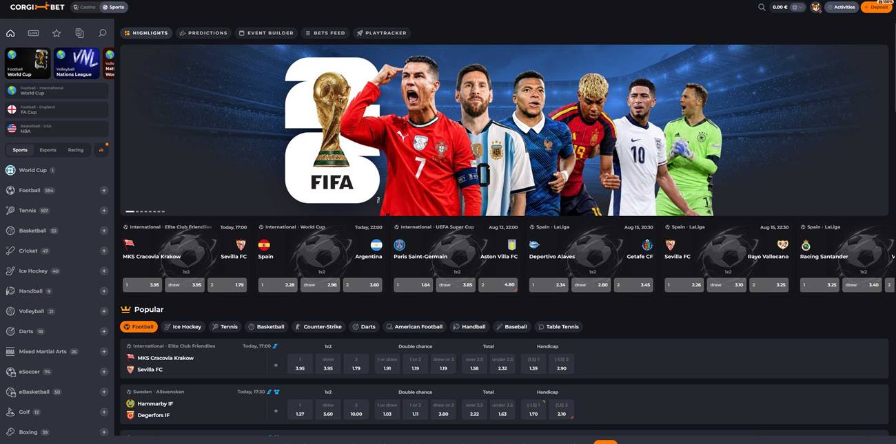 Corgibet sportsbook — pre-match and live betting across football, tennis and basketball